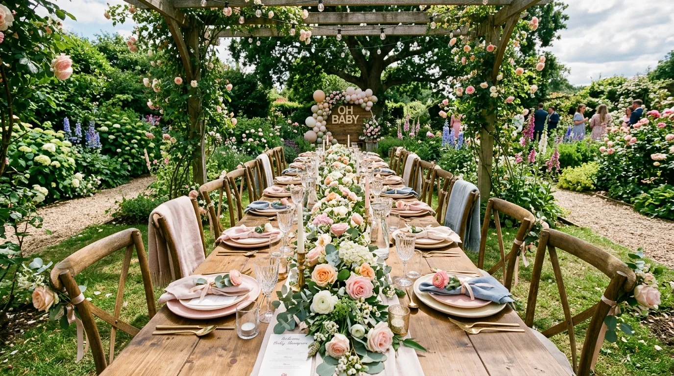 Outdoor garden baby shower setup with floral table runner and pastel tableware