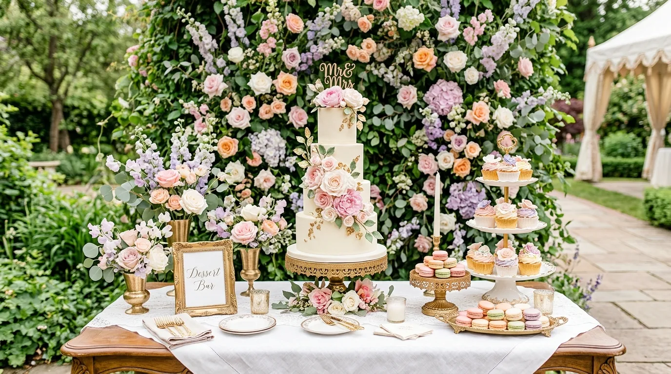 Elegant garden dessert table with floral backdrop, tiered cake, cupcakes, and macarons