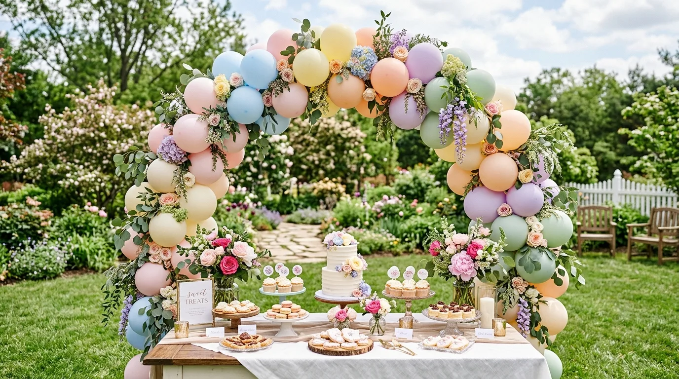 Whimsical garden balloon arch in soft pastels intertwined with greenery
