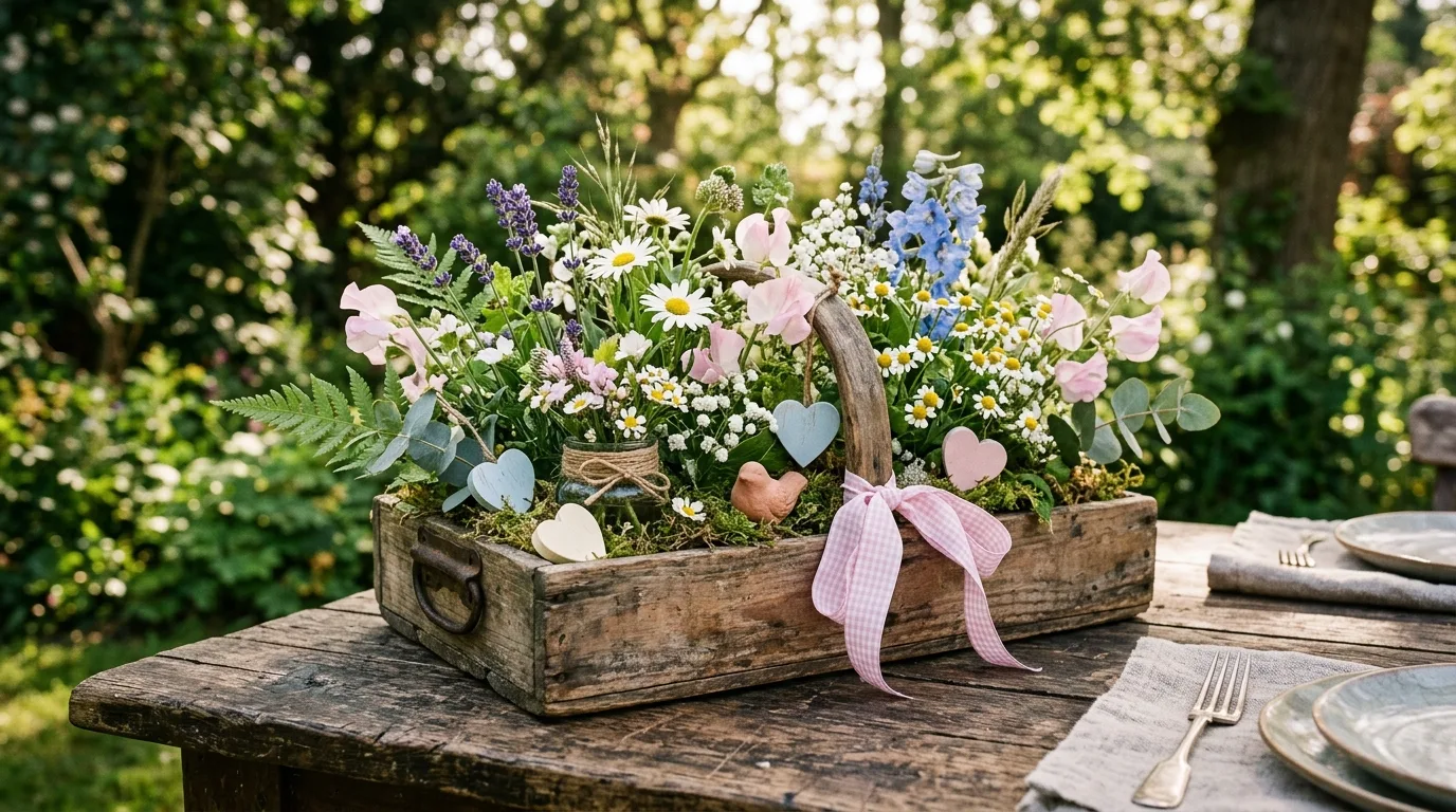 Rustic garden centerpiece with wooden crate, wildflowers, moss, and pastel decorations