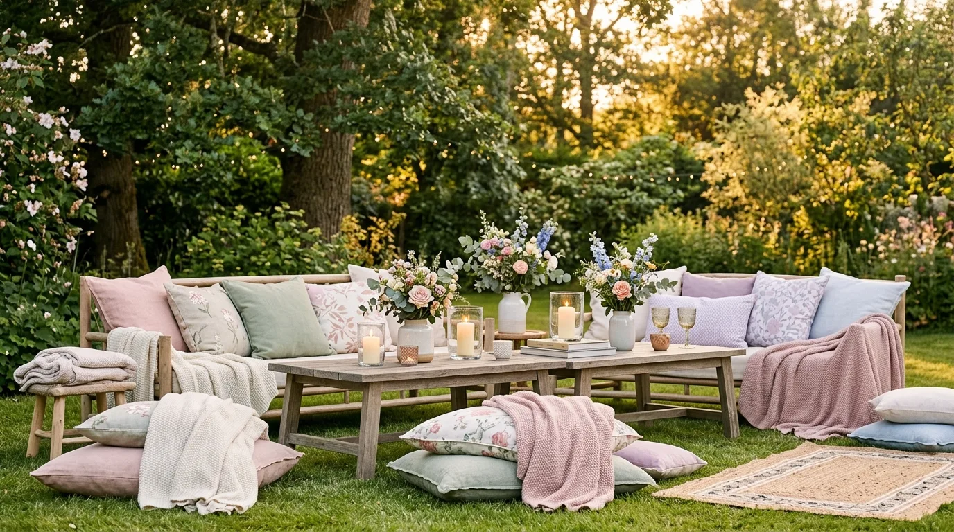 Garden lounge setup with low wooden tables, pastel cushions, floral arrangements, and candles