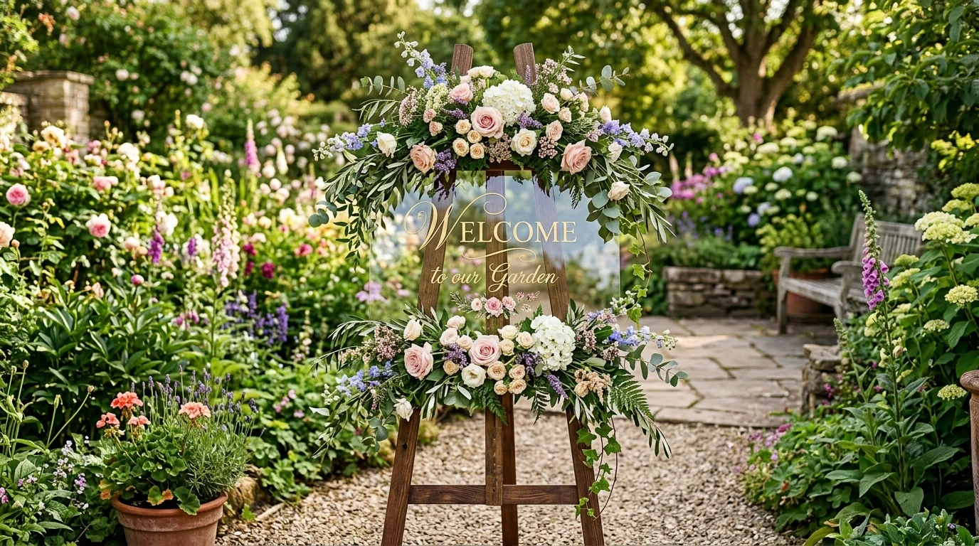 Garden baby shower welcome sign display decorated with fresh flowers and greenery