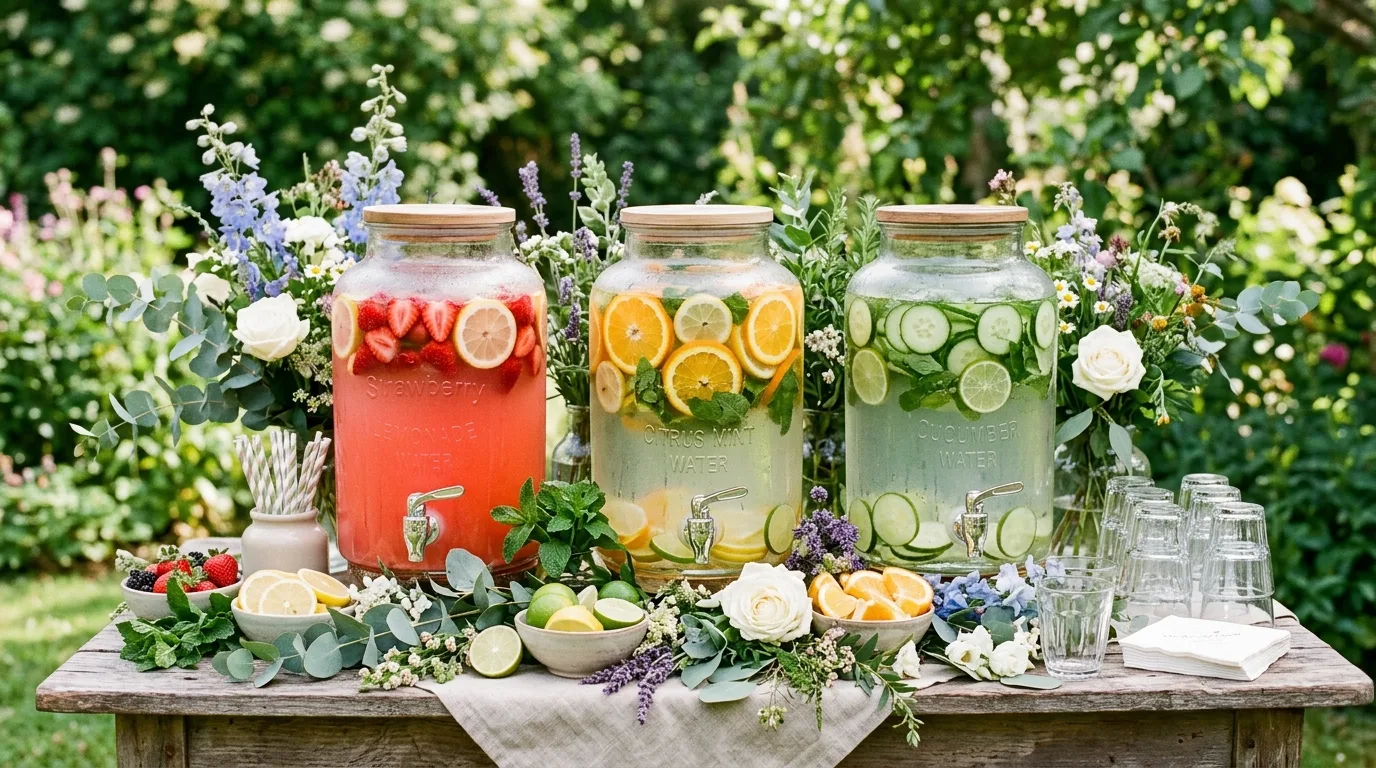 Outdoor drink station with glass dispensers, citrus drinks, flowers, and greenery