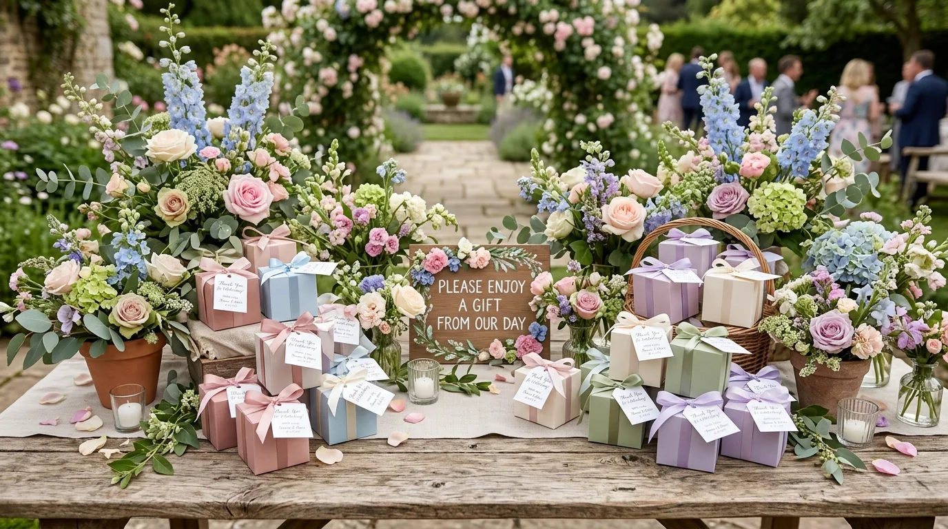 Garden themed favor table with ribbon tied gift boxes, flowers, and greenery