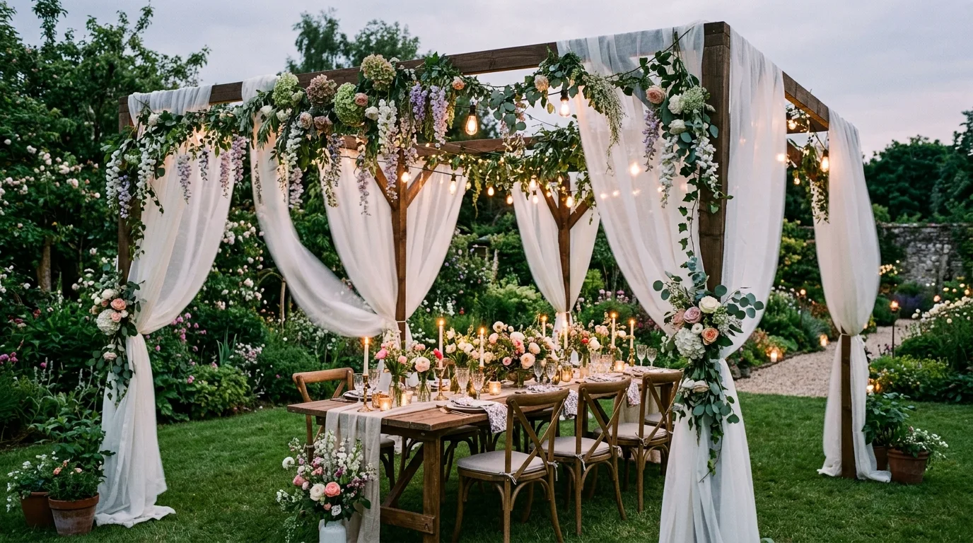 Canopy style garden setup with sheer drapes, hanging flowers, greenery, and styled table