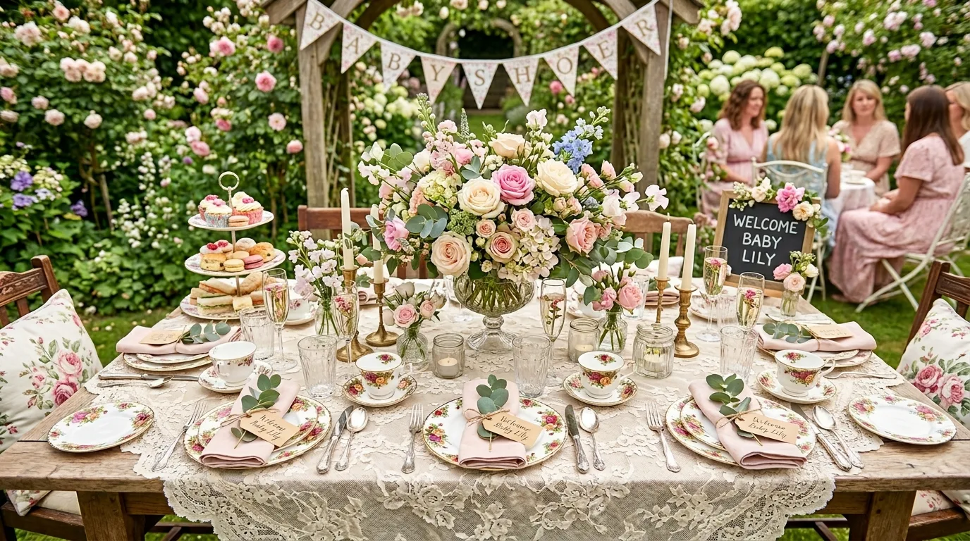 Vintage garden baby shower table with lace cloth, floral china, and fresh flower arrangements