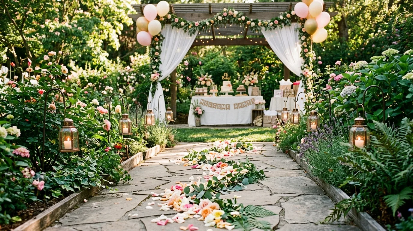 Garden pathway decorated with lanterns, flower petals, and greenery leading to the shower setup