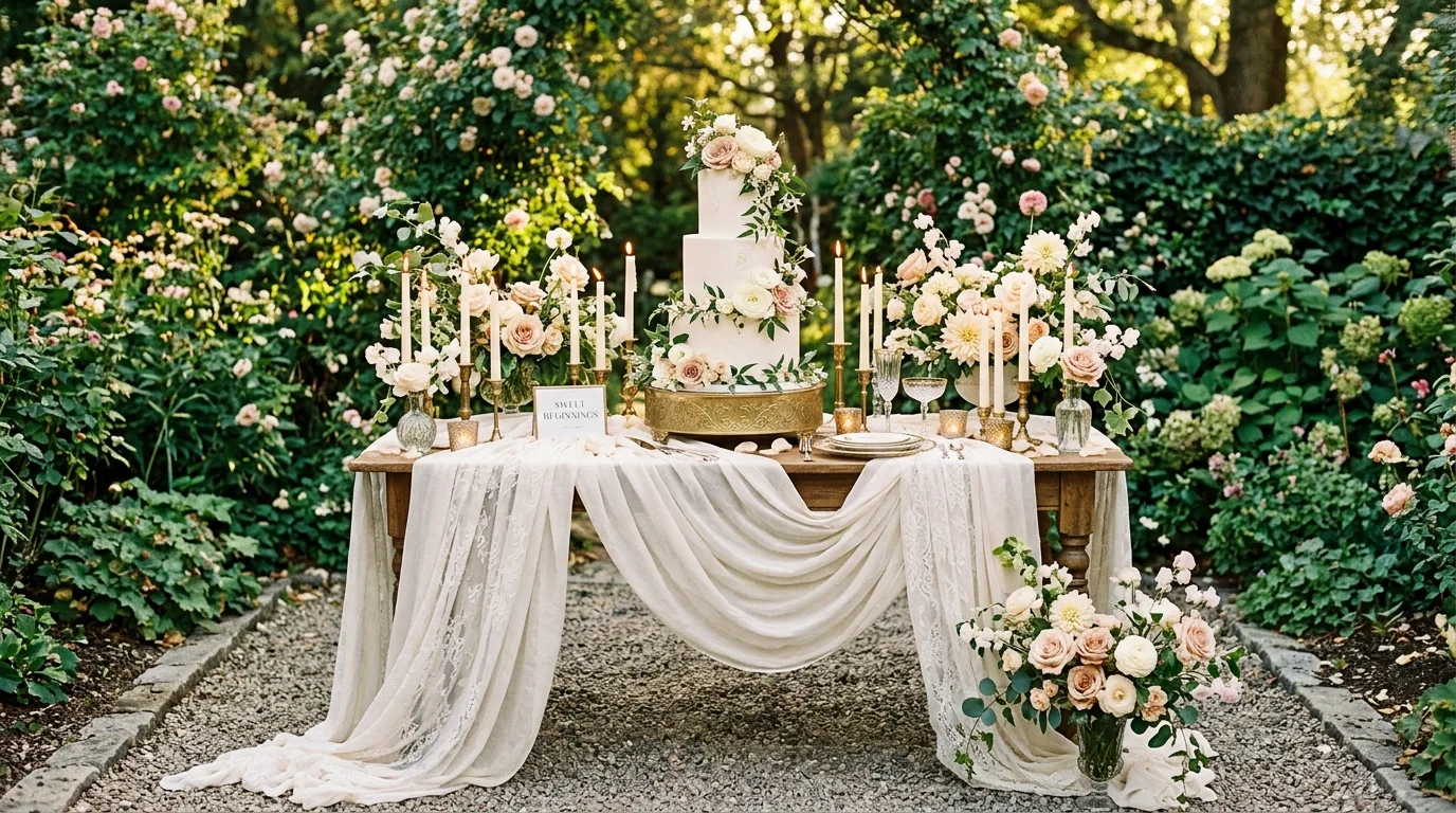 Elegant cake table in garden with floral cake, candles, flowers, and soft fabric draping