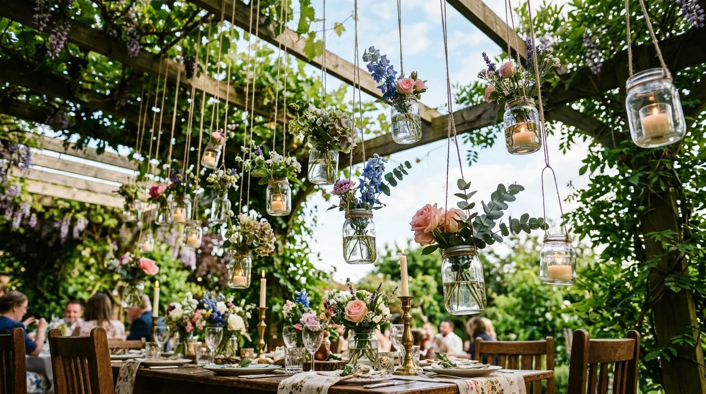 Hanging garden decor with suspended glass jars filled with flowers and candles above the table