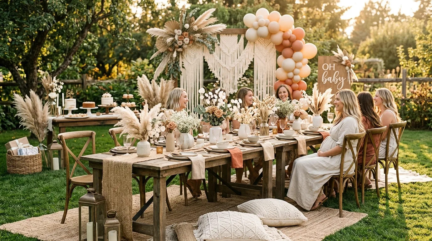 Boho garden baby shower setup with pampas grass, dried flowers, wooden elements, and neutral tableware