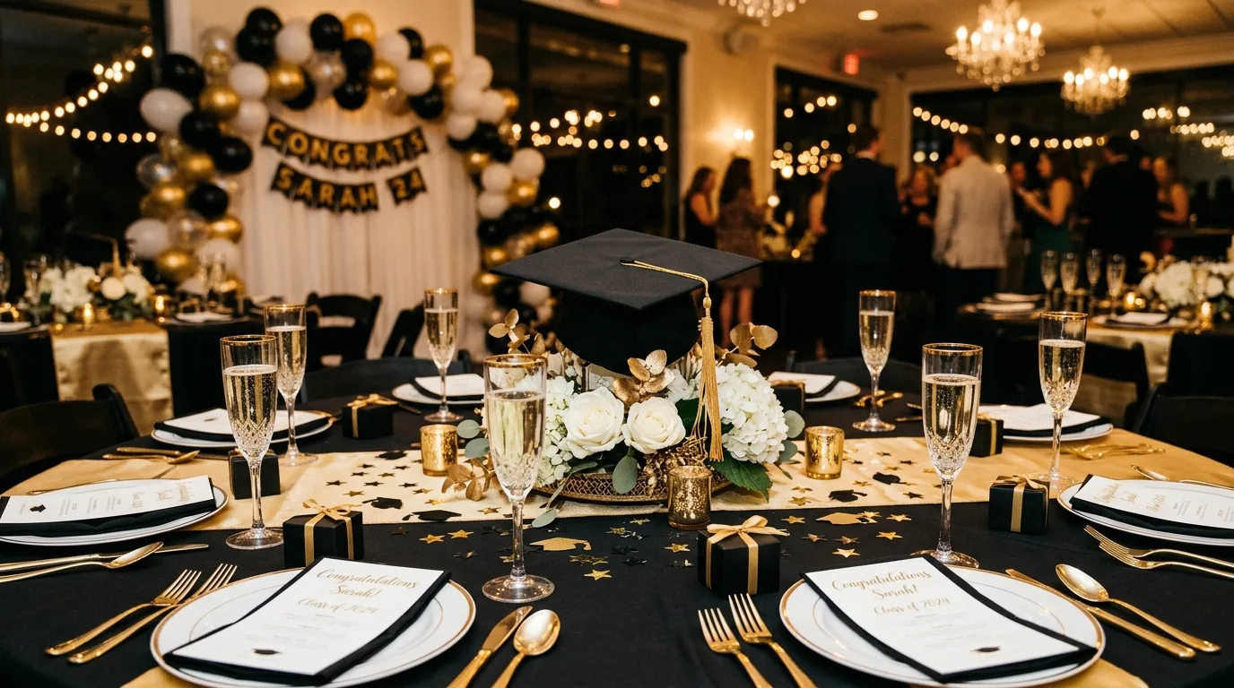Elegant graduation party table with black gold decor and graduation cap centerpiece