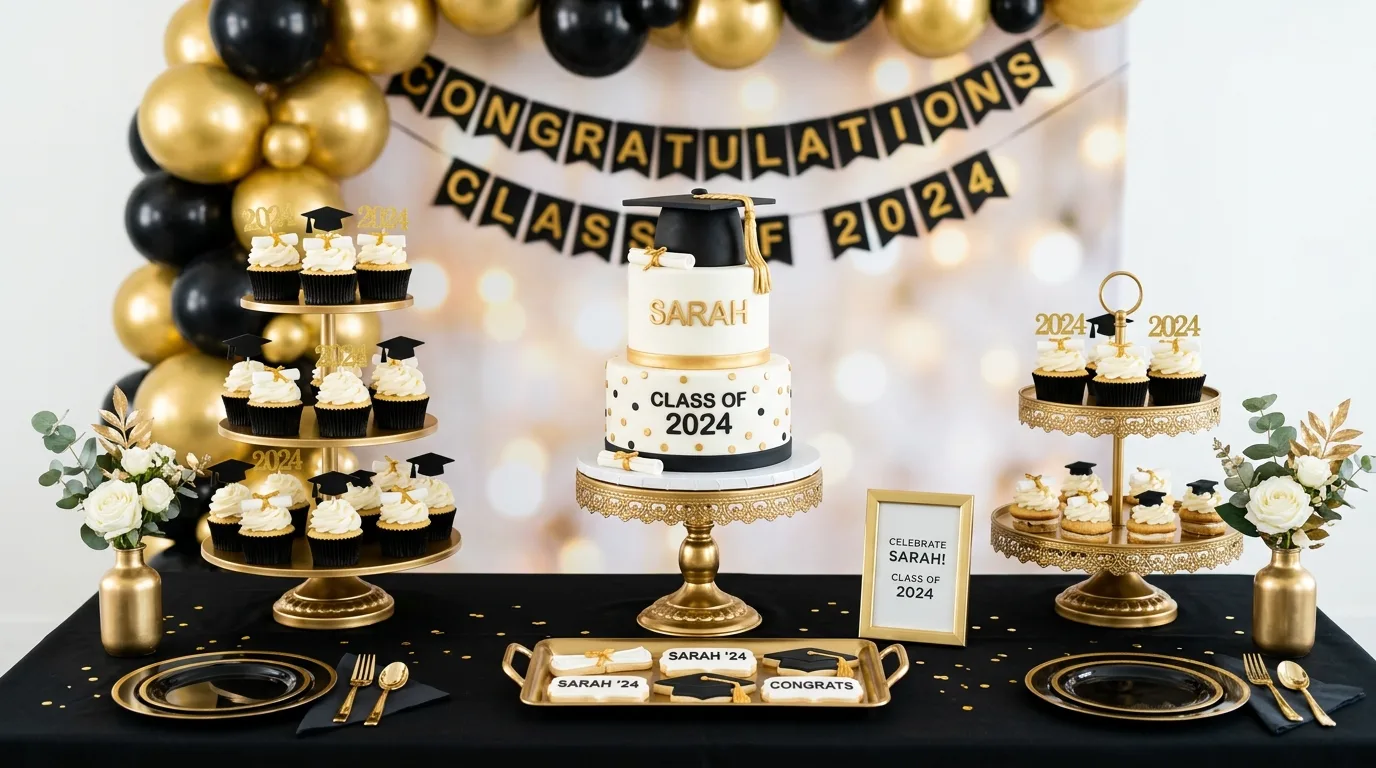 Graduation dessert table with themed cake, cupcakes, and gold stands
