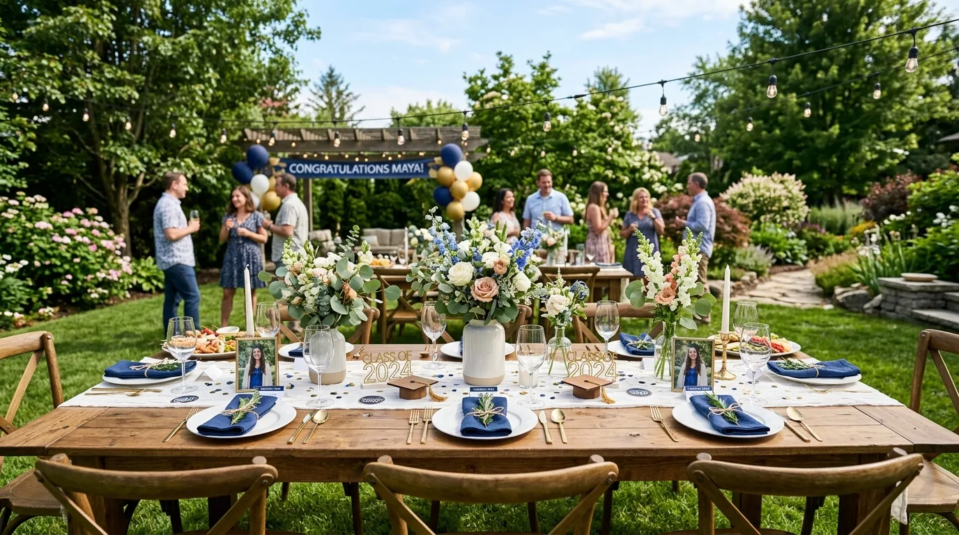 Outdoor graduation party table with wooden table, runner, and floral decor