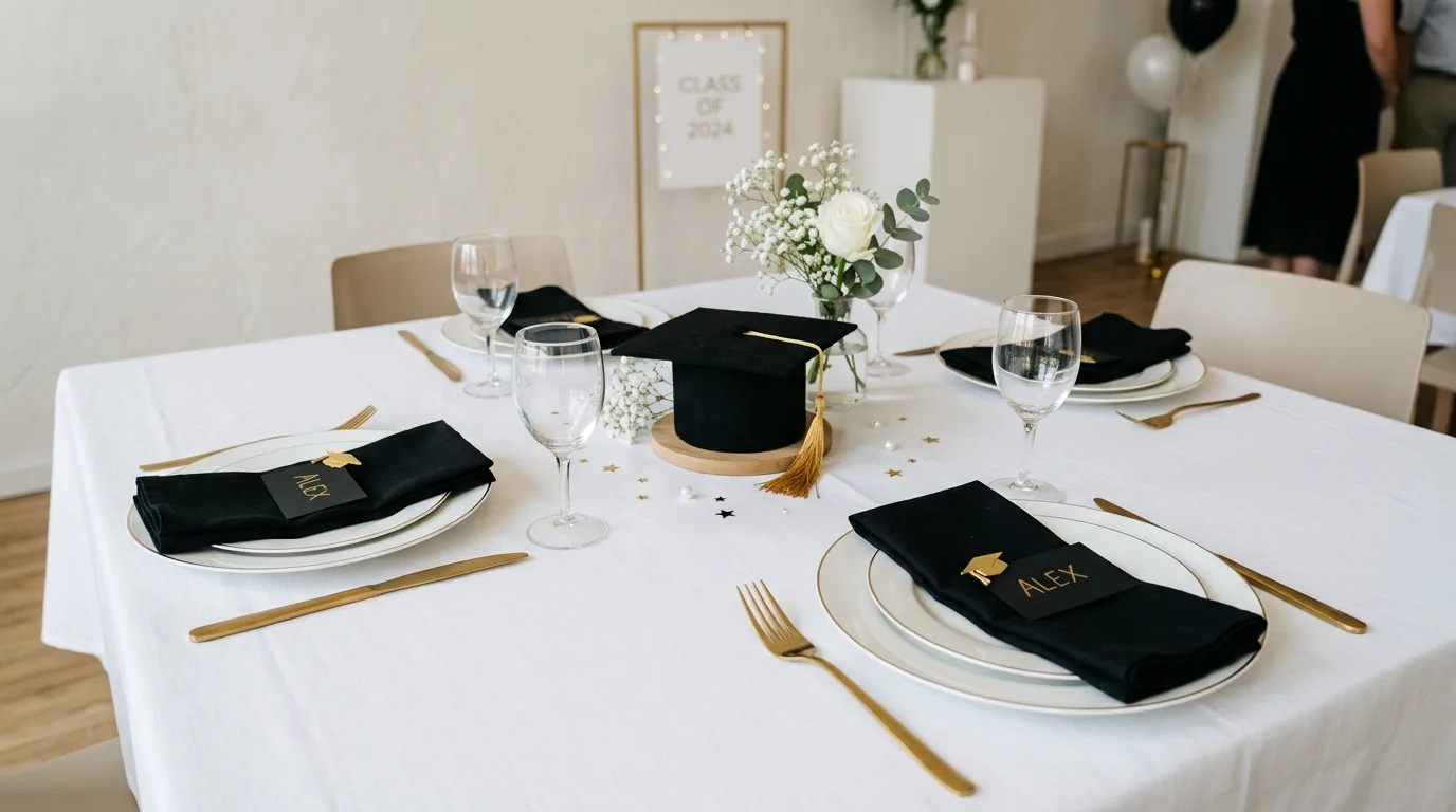 Minimalist graduation table decor with white plates, gold cutlery, and black napkins
