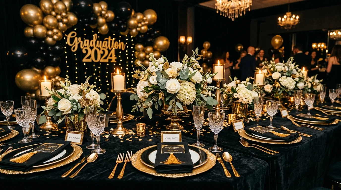 Luxury graduation table with black velvet, gold balloons, and crystal glassware