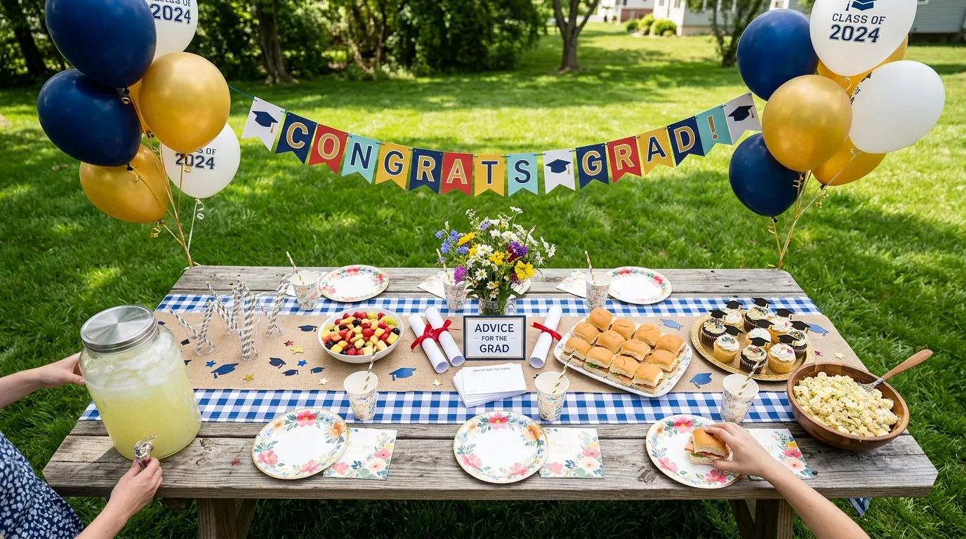 Backyard graduation table with picnic style setup, banners, and balloons