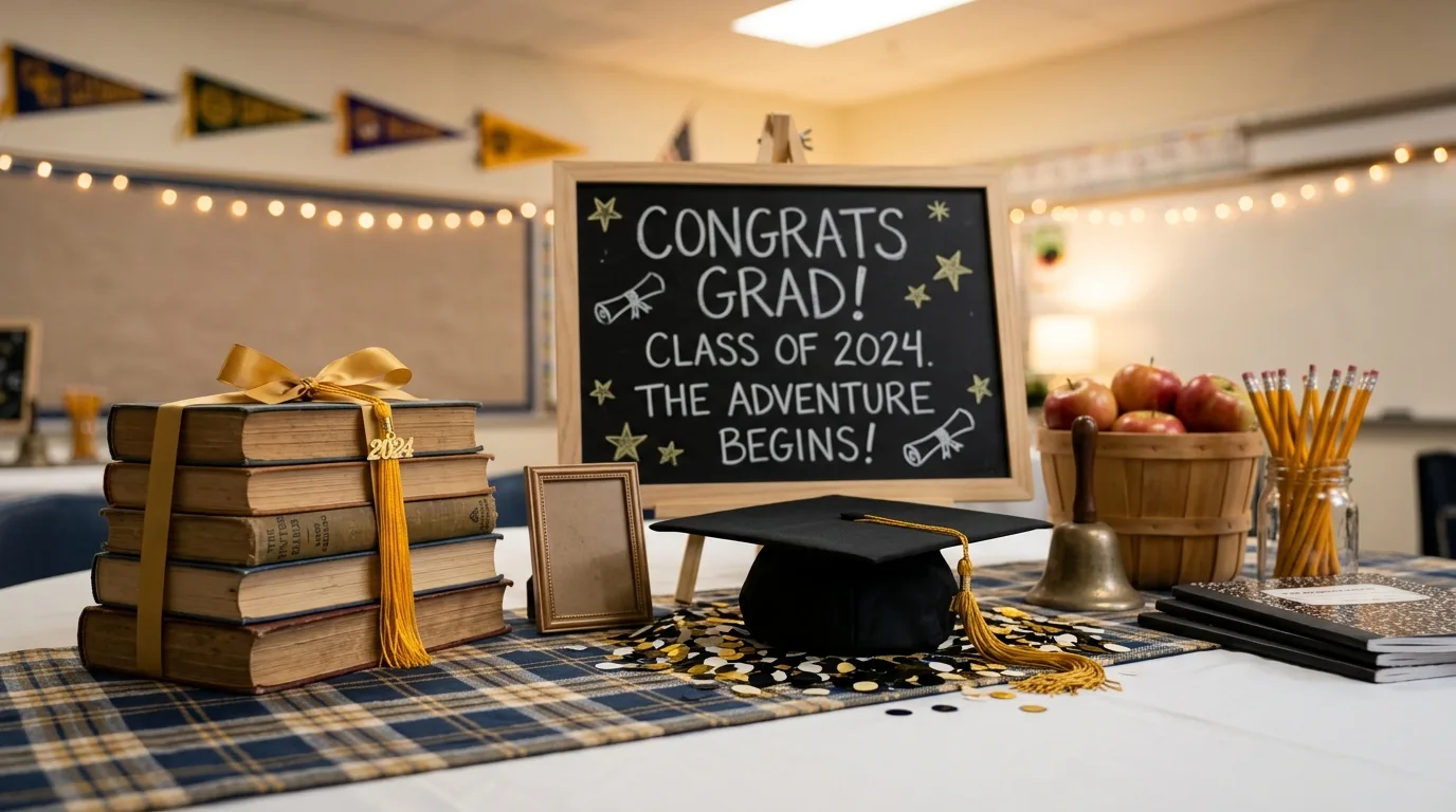School themed graduation table with books, tassel centerpiece, and chalkboard signage