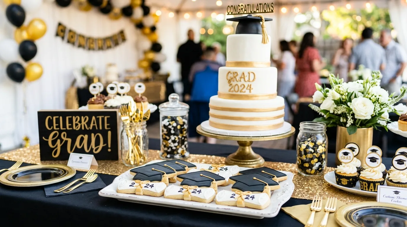 Graduation dessert buffet with diploma cookies, cap treats, and black gold styling