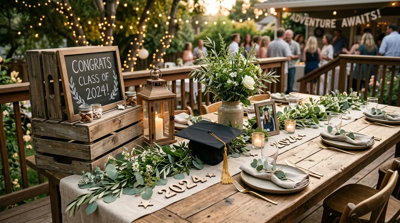 Rustic graduation table with wooden crates, greenery, and simple cap decoration