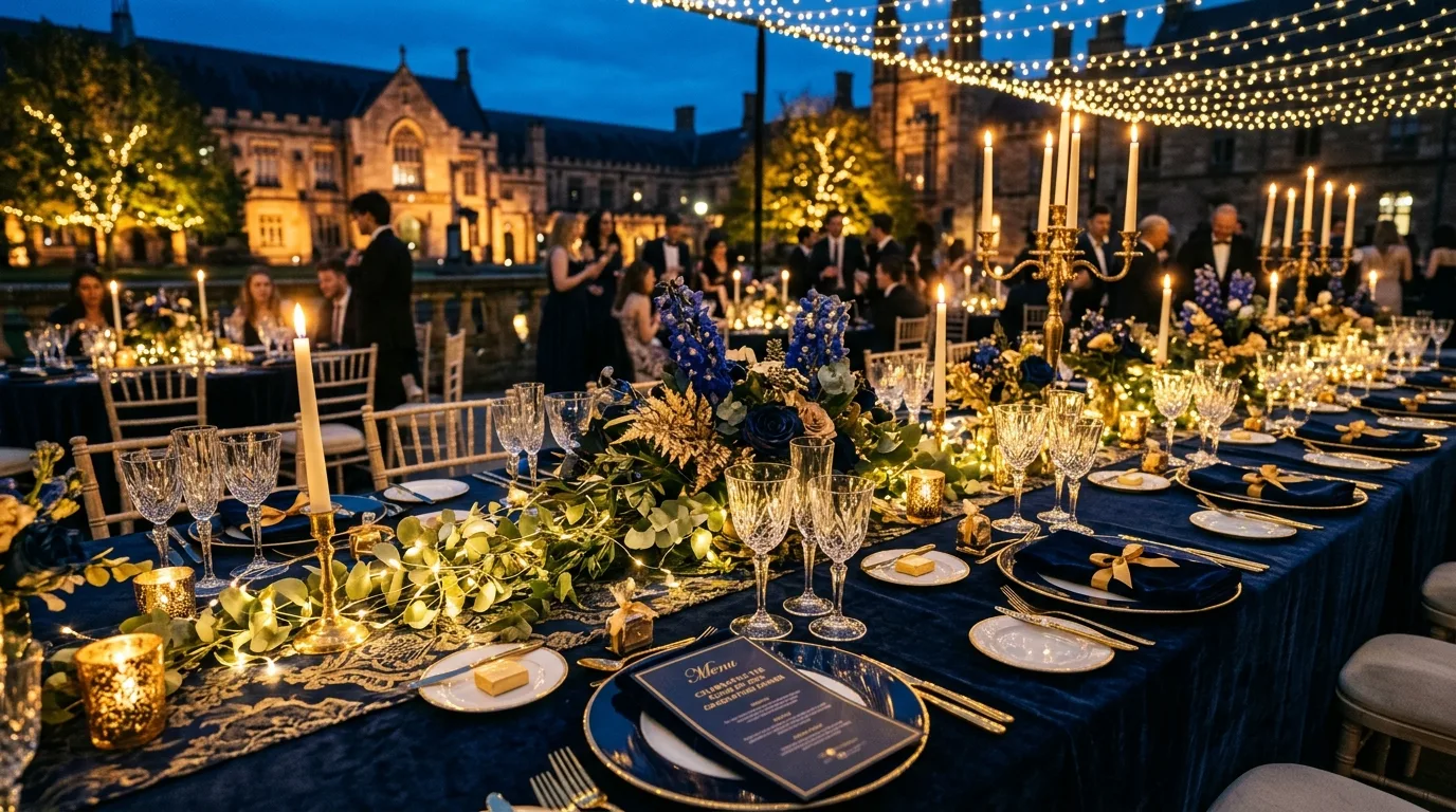 Elegant evening graduation table with candles, fairy lights, and blue gold theme