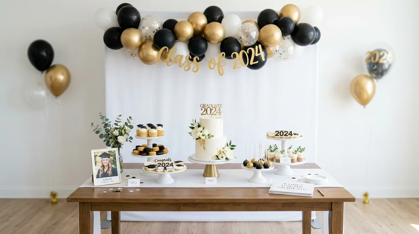 Simple modern graduation table with white backdrop and minimalist black gold balloons