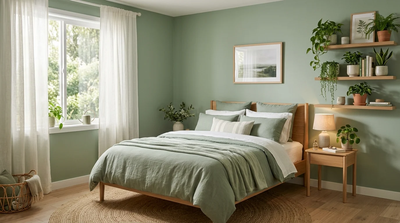 Green aesthetic bedroom with sage walls, green bedding, wood nightstand, and indoor plants
