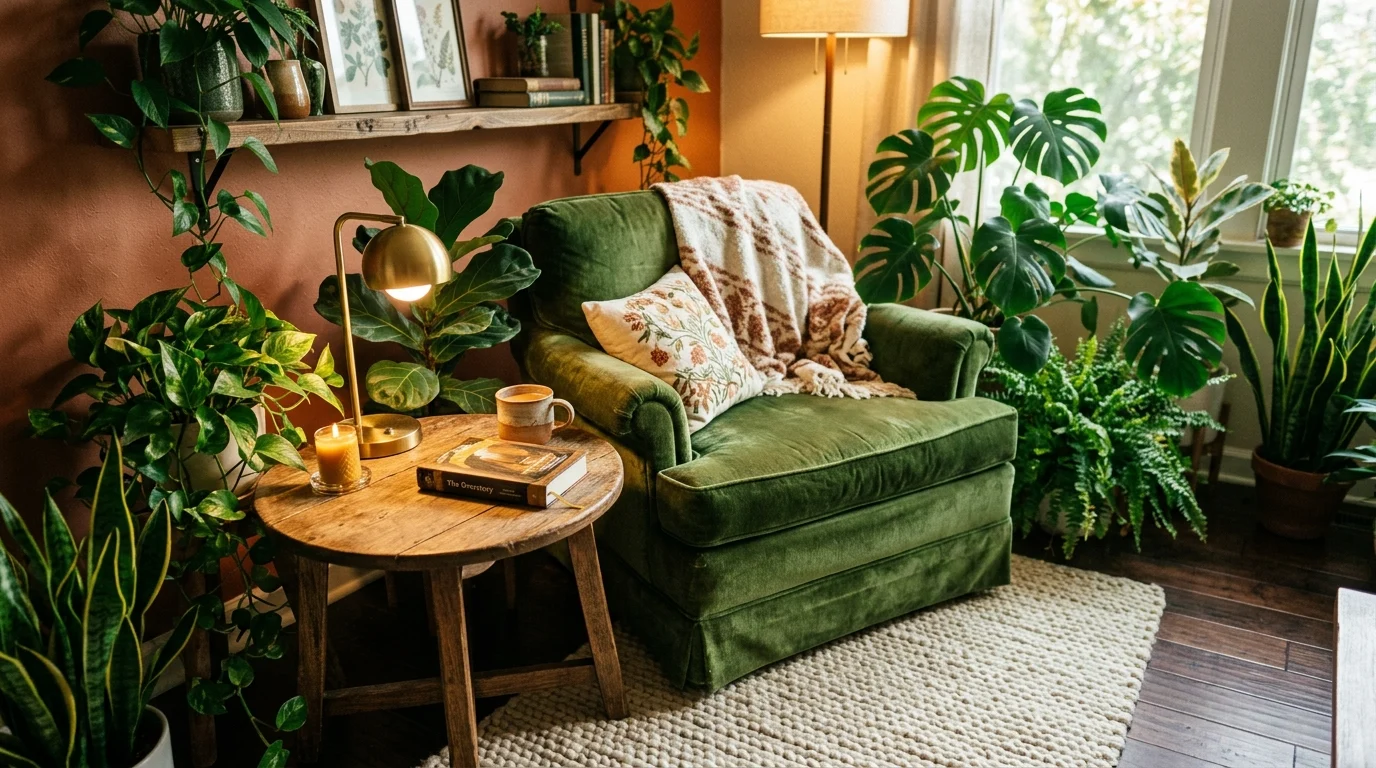 Cozy green corner with velvet armchair, leafy plants, and warm lighting