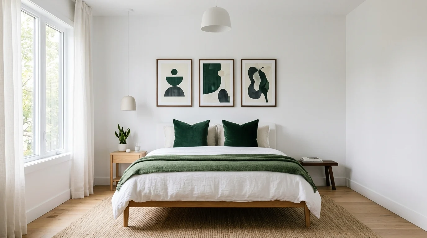 Minimalist room with white walls, deep green accents, and abstract wall art