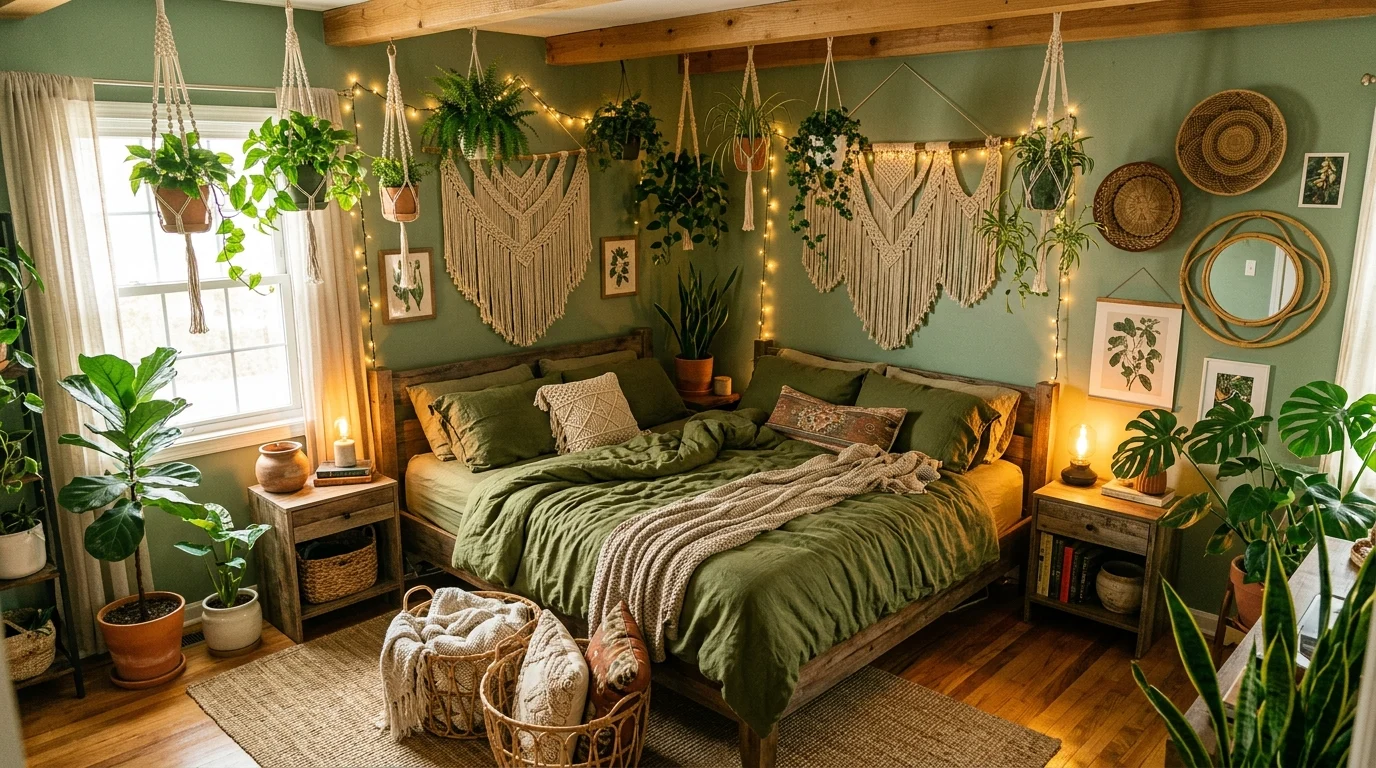 Boho green room with hanging plants, olive bedding, woven baskets, and warm light