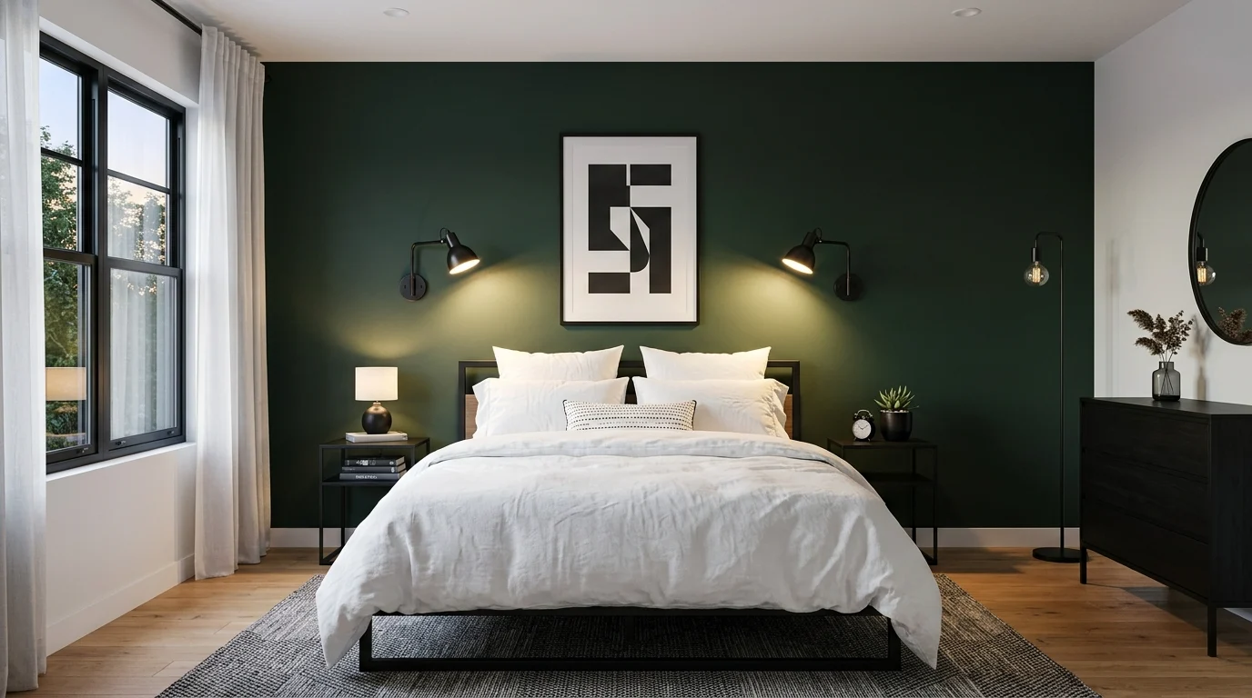 Modern bedroom with dark green accent wall, white bedding, and black decor