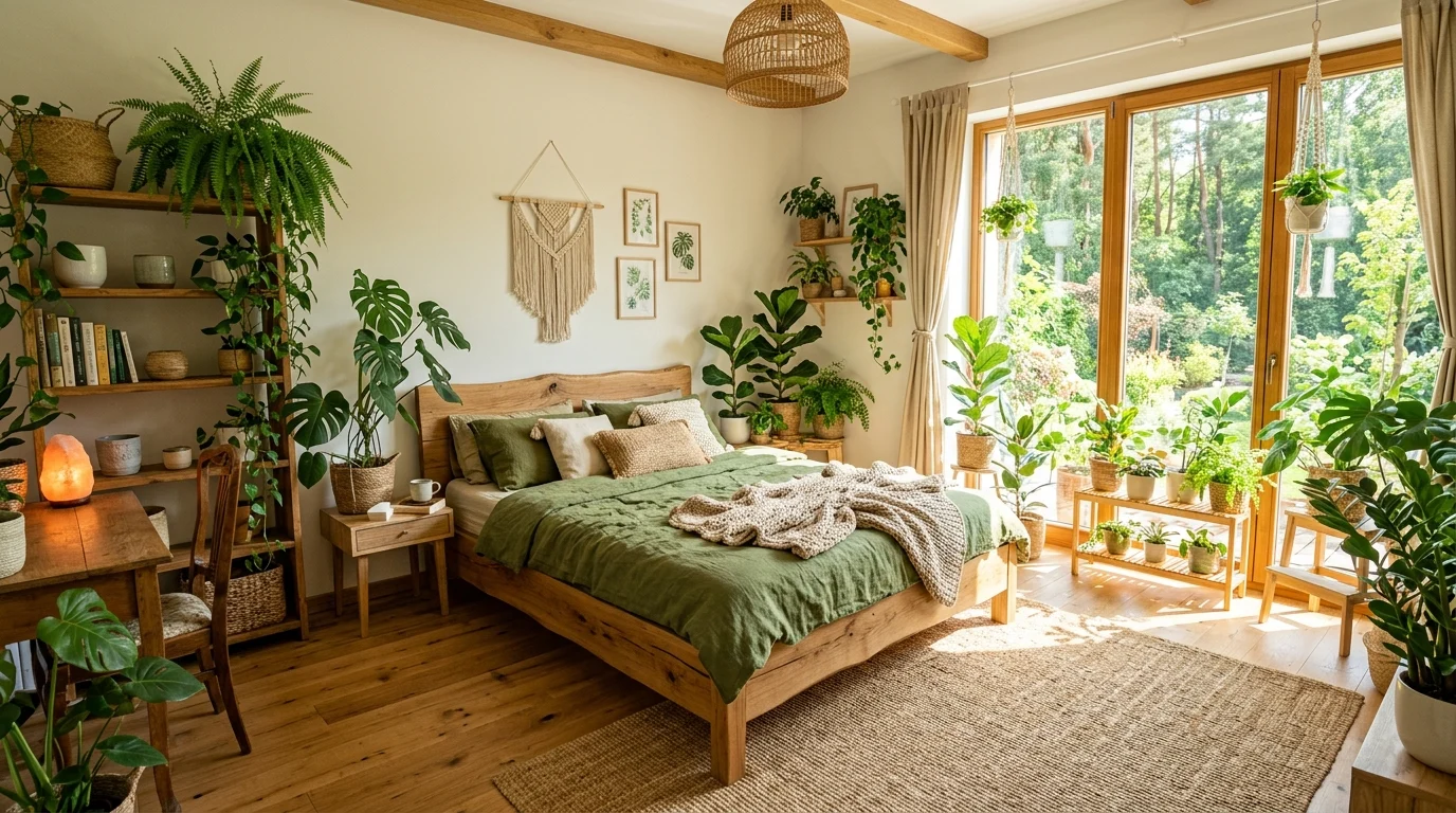 Nature inspired green room with many indoor plants, moss bedding, and large sunny window