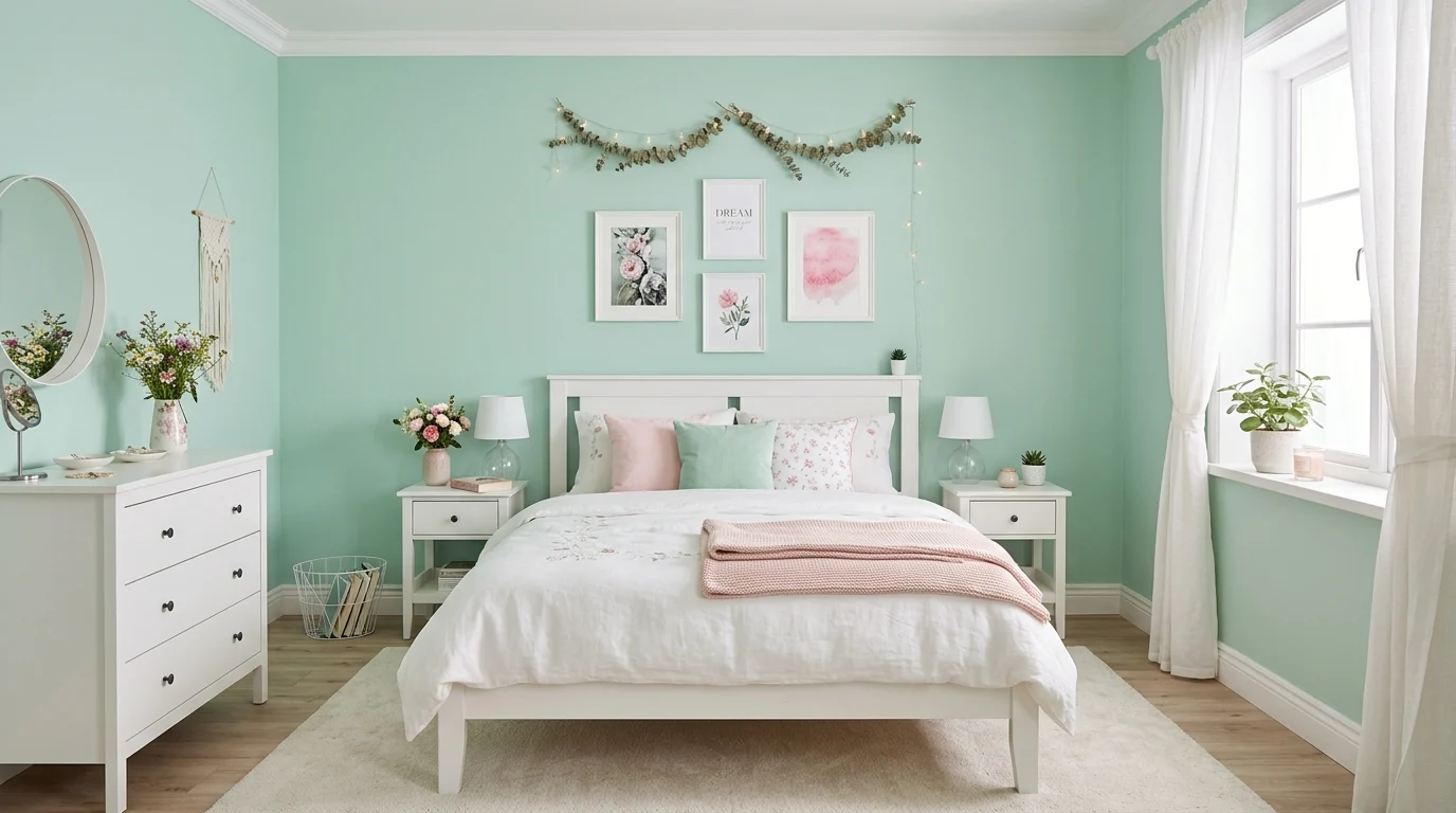 Pastel green bedroom with mint walls, white furniture, and soft pink accents