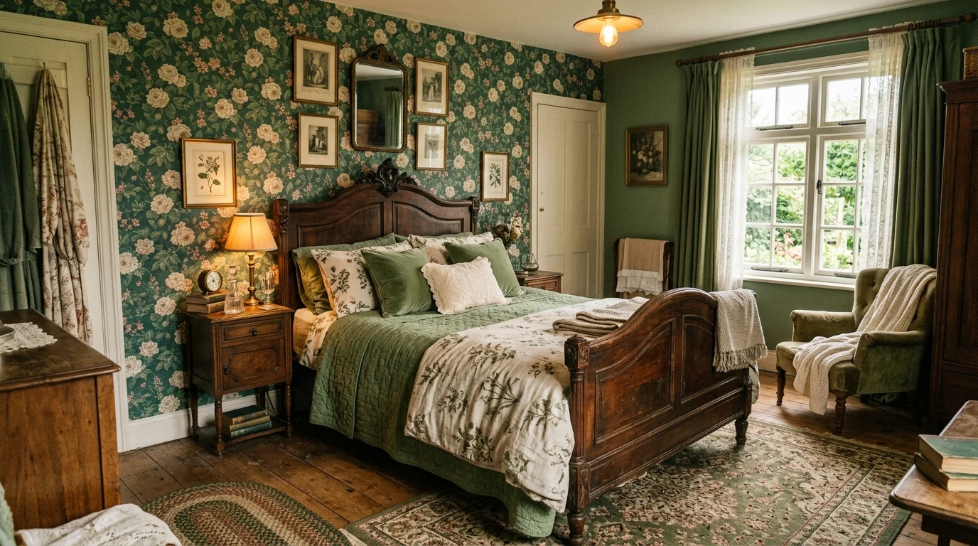 Vintage style green bedroom with floral wallpaper and antique wood bed