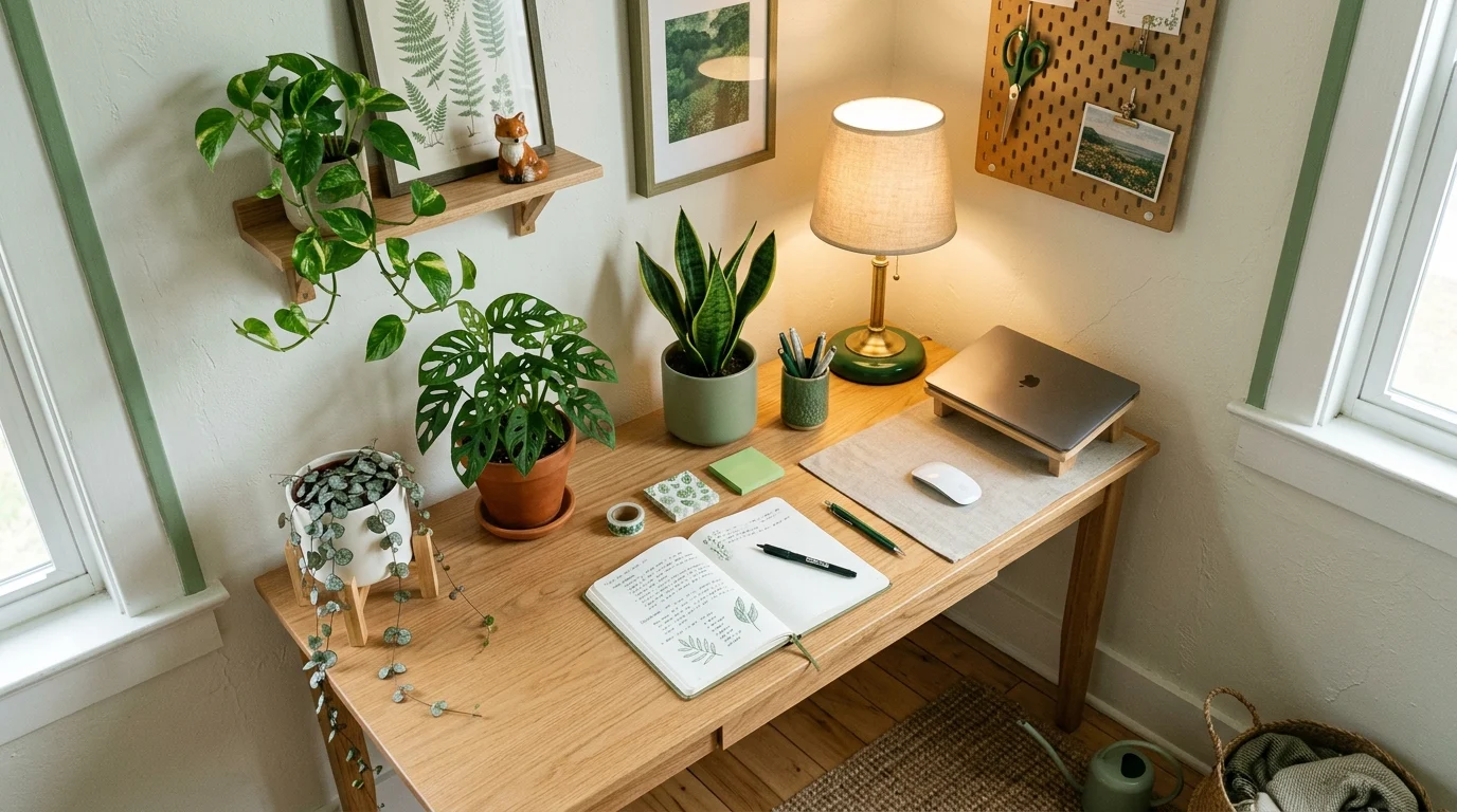 Green aesthetic workspace corner with desk, potted plants, and green stationery