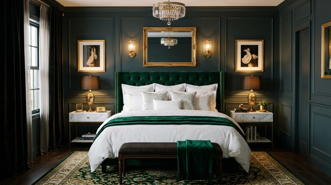 Luxury green bedroom with emerald velvet headboard, gold accents, and white bedding