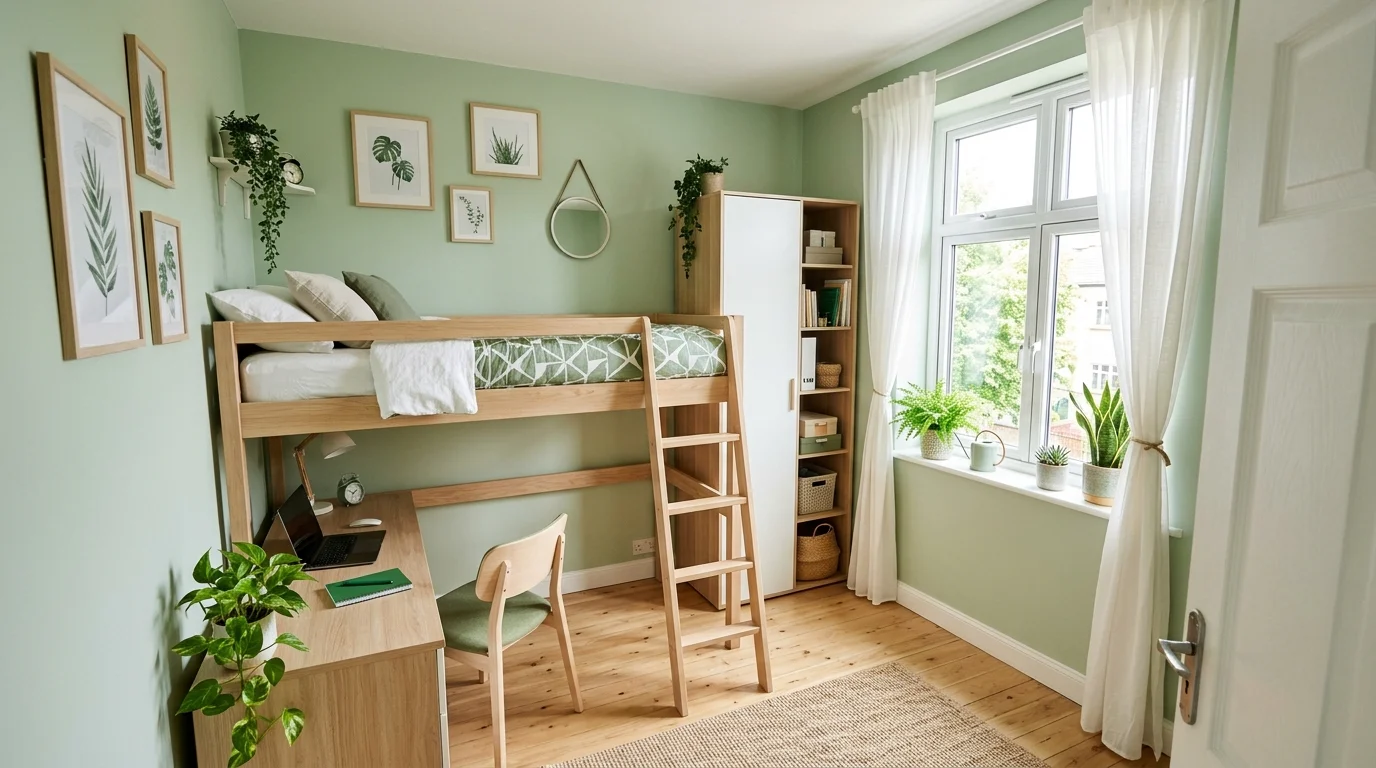 Small green themed room with light green walls, compact furniture, and bright natural light
