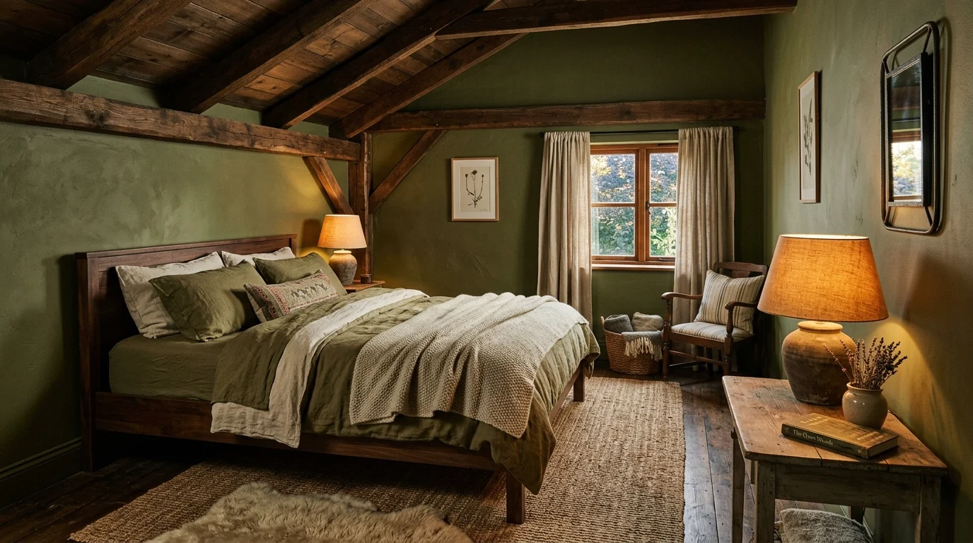 Rustic green bedroom with olive tones, wood beams, linen bedding, and cozy lighting