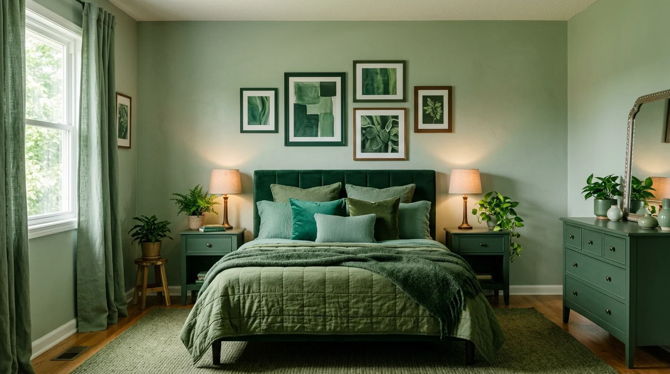 Monochrome green bedroom with layered shades of green and textured decor