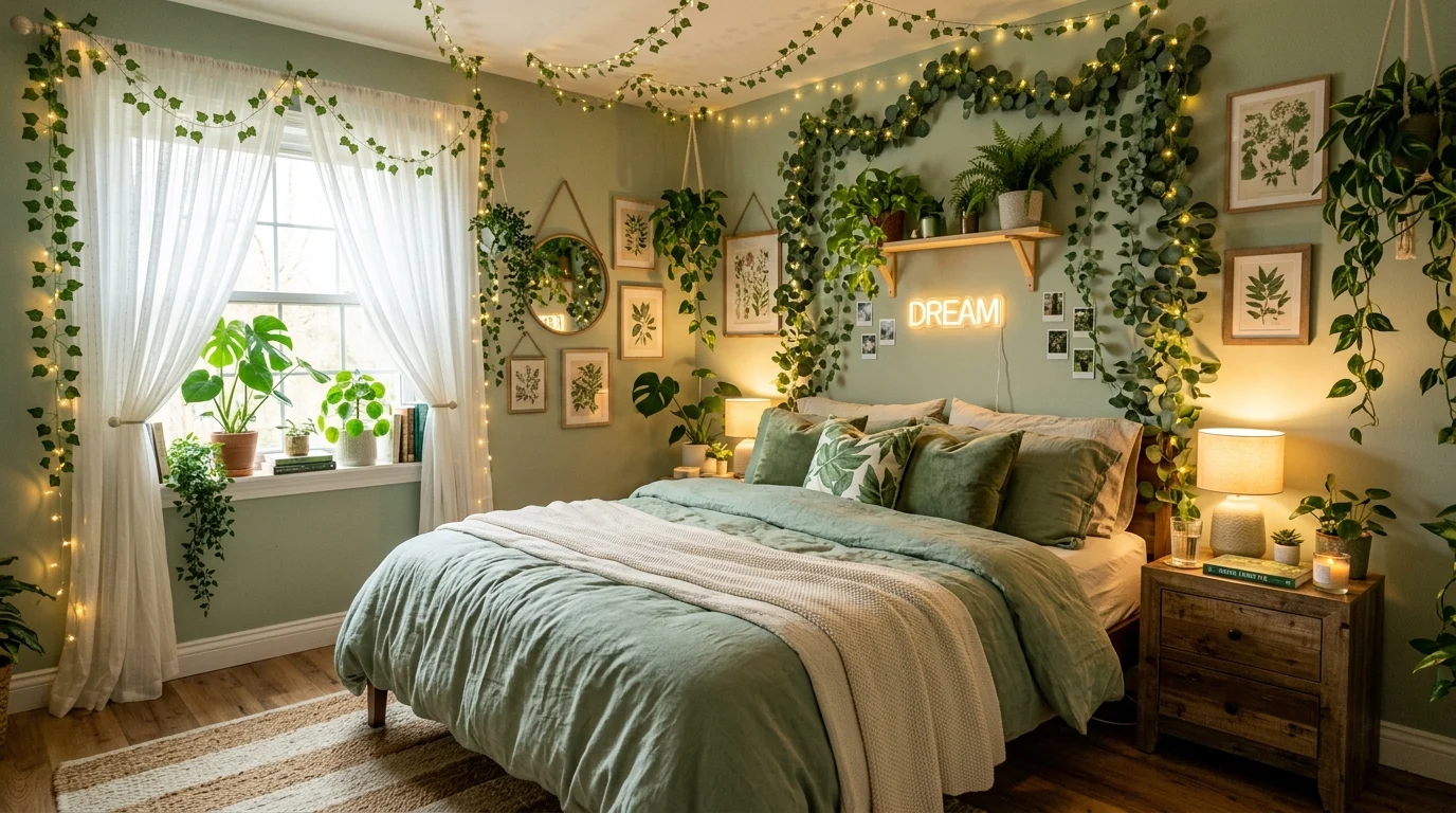 Dreamy green aesthetic room with leafy vines, fairy lights, and soft bedding
