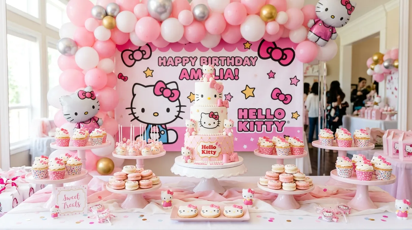 Hello Kitty dessert table with pink balloon garland and character cake
