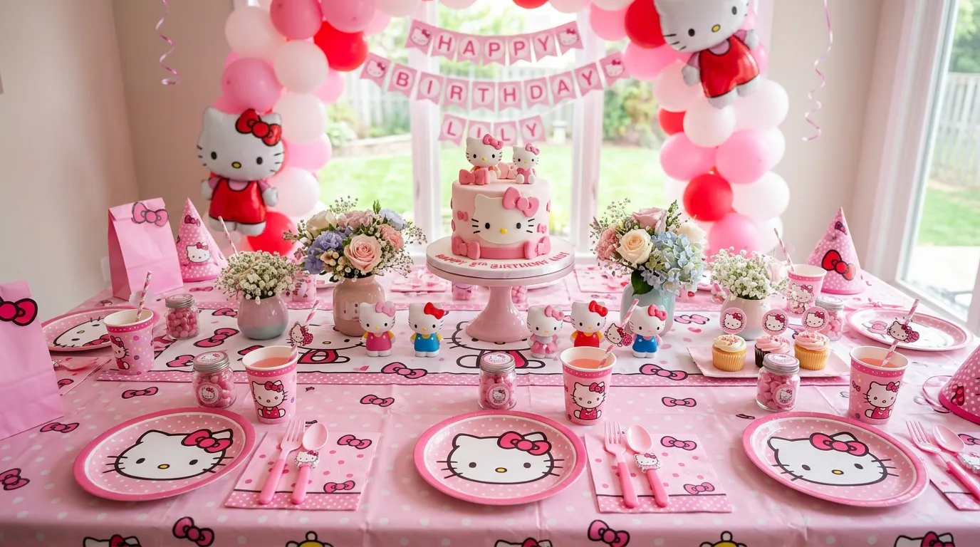 Hello Kitty party table with pink cloth, themed tableware, and bows