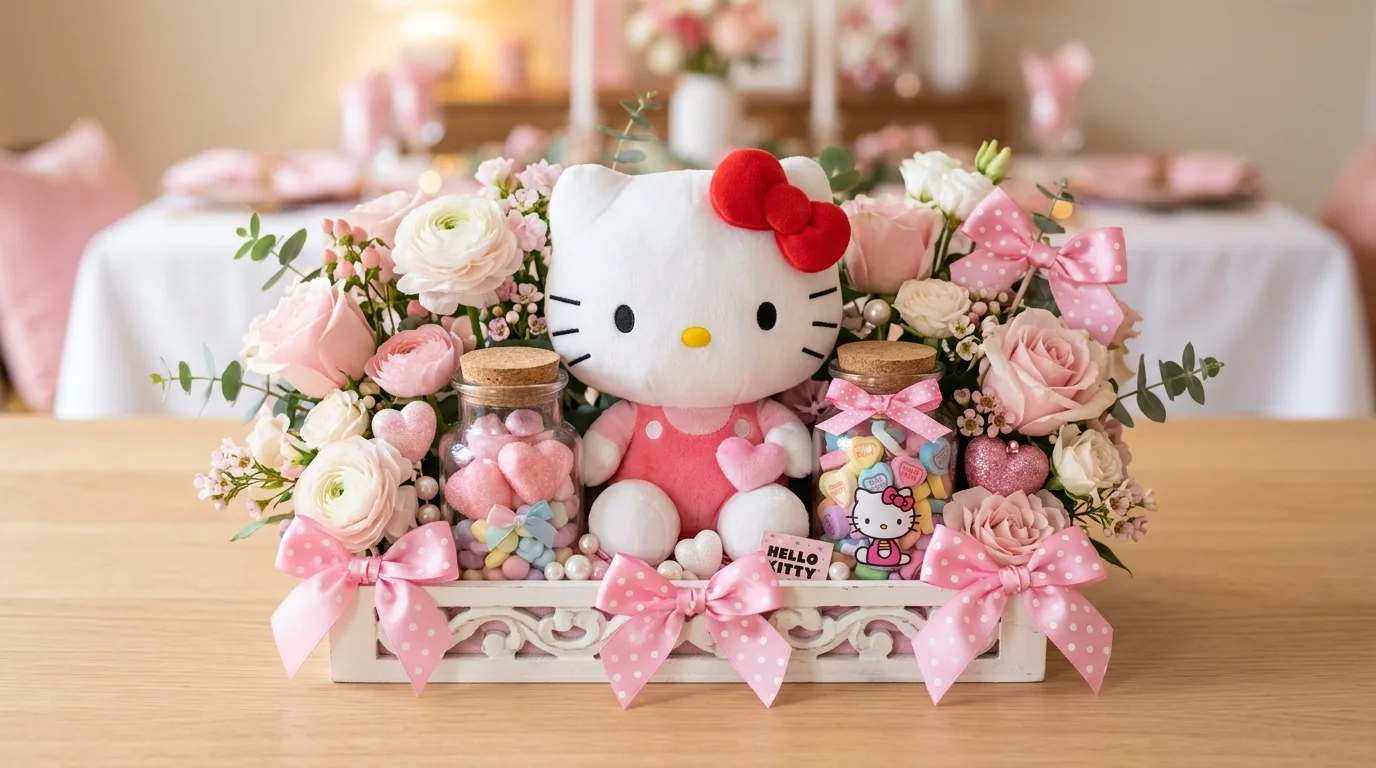 Hello Kitty centerpiece with plush character, flowers, bows, and candy jars