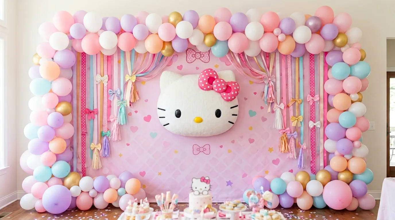 Party backdrop with large Hello Kitty face, balloons, ribbons, and bows