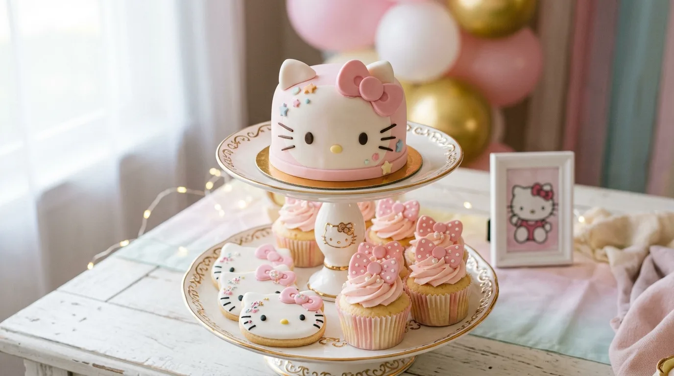 Hello Kitty dessert display with cookies, cupcakes, bows, and decorated cake