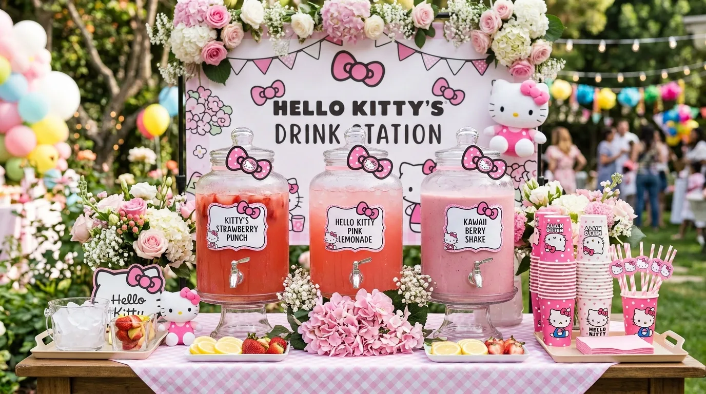Hello Kitty drink station with pink beverages, themed cups, and bow accents