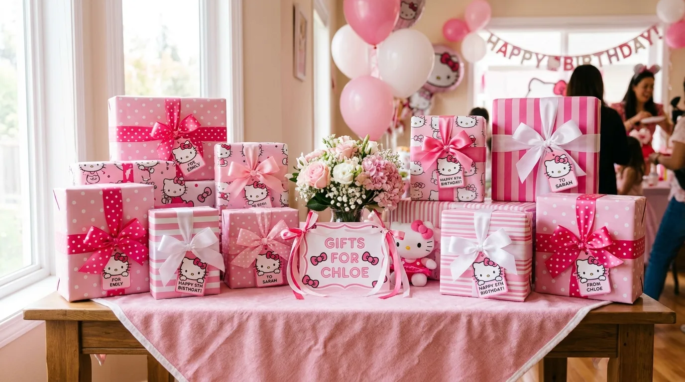 Gift table with pink and white wrapped presents, bows, and Hello Kitty tags