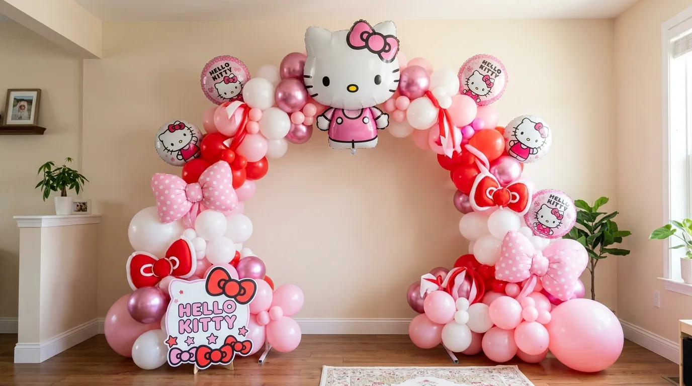 Hello Kitty balloon arrangement in pink, white, and red with bow accents