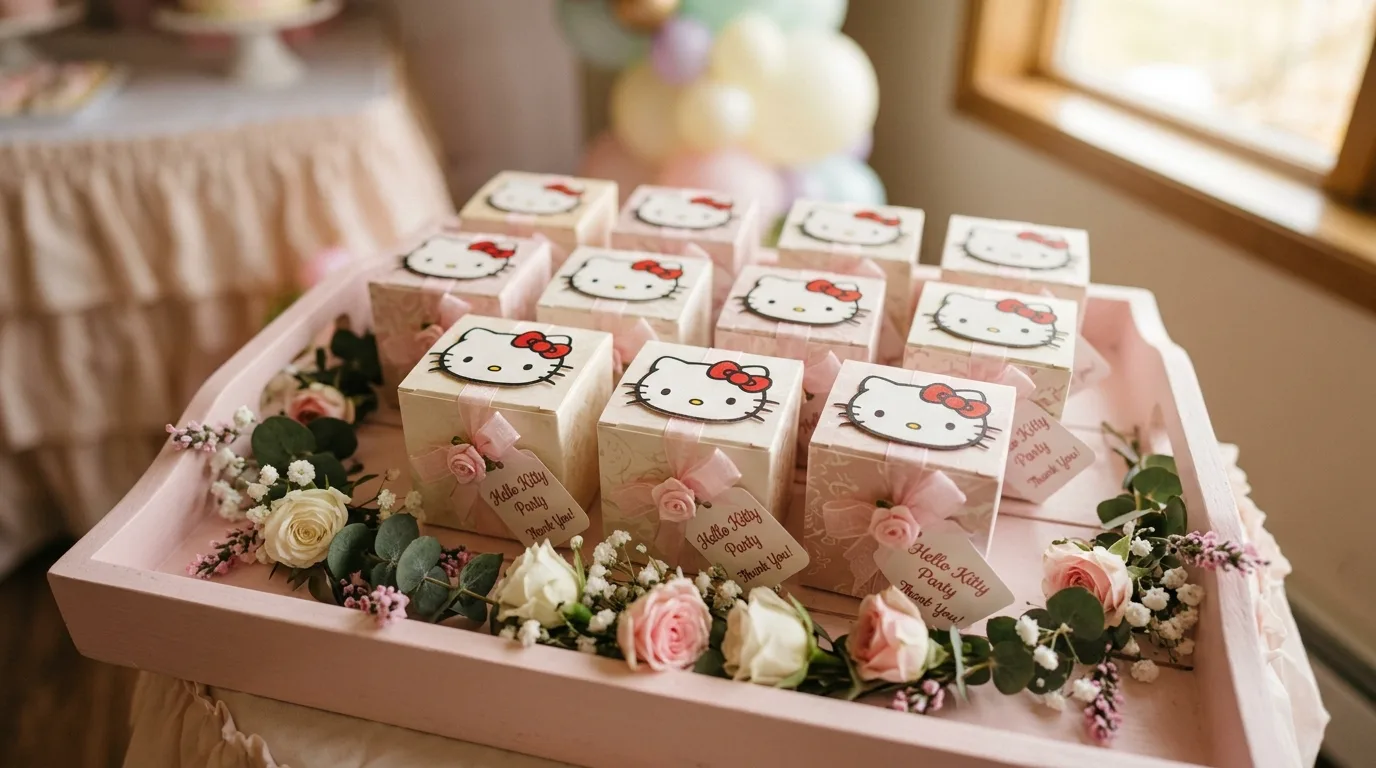 Hello Kitty party favor boxes with bows arranged on a pastel tray