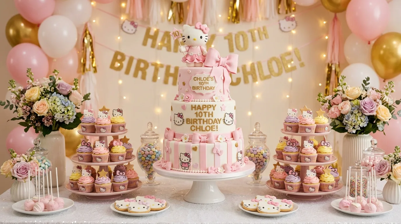 Hello Kitty cake table with multi-tier cake, cupcakes, and pastel decor