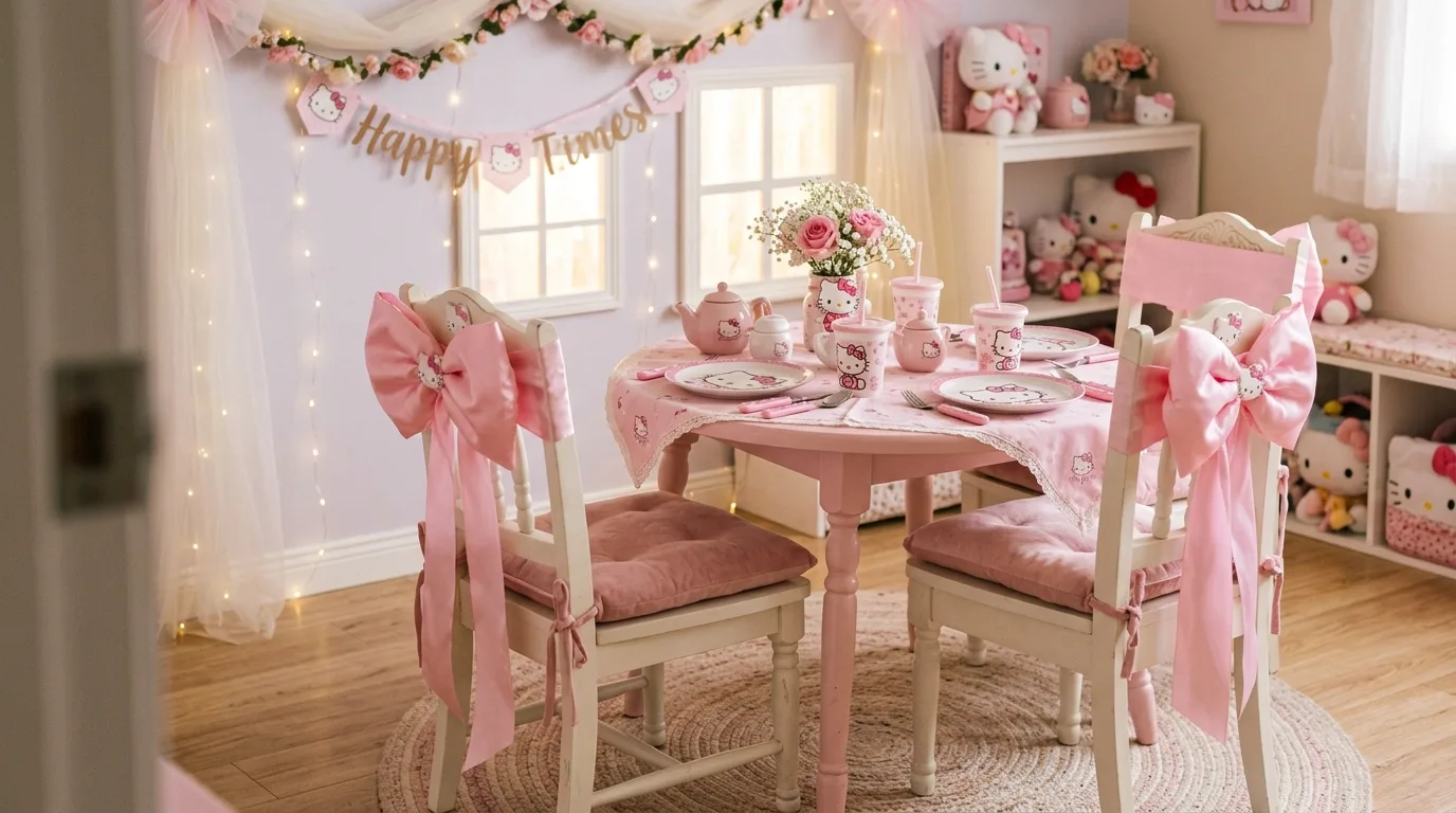 Hello Kitty seating setup with bow-decorated chairs and themed tableware